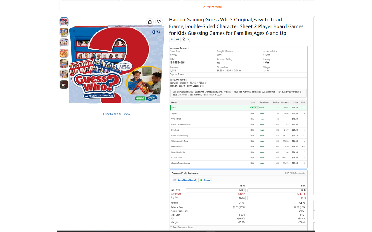 Accelesource Amazon research and profitability tools displayed directly on a retail product page